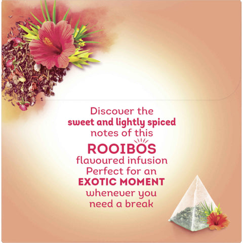 Infusion de rooibos et sachet de thé pyramidal à l'hibiscus.