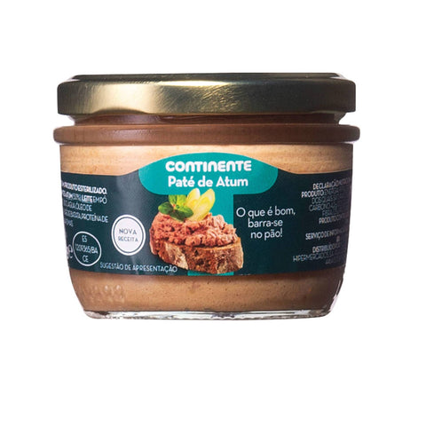 Paté de atum em frasco de vidro com tampa dourada.