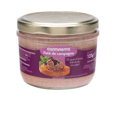 Paté de campagne em frasco de vidro de 125 g com tampa dourada.