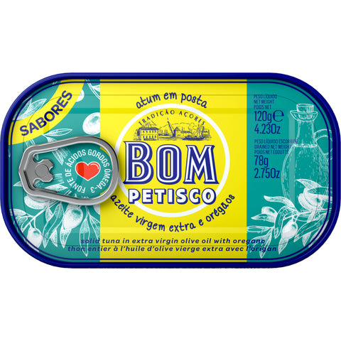 Atum Bom Petisco em posta em azeite virgem extra e orégãos, lata de 120 g.