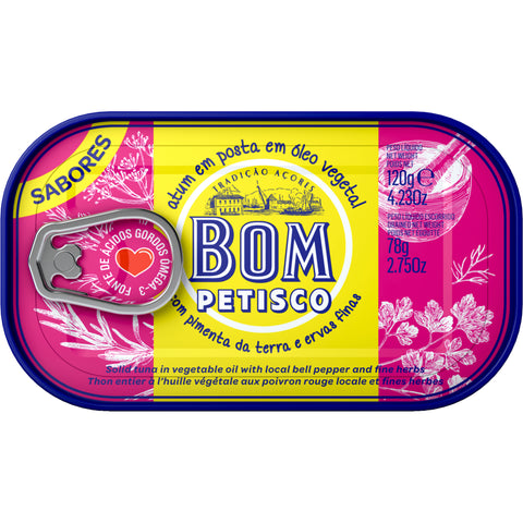 Atum Bom Petisco em óleo vegetal com pimenta da terra e ervas finas, lata de 120 g.