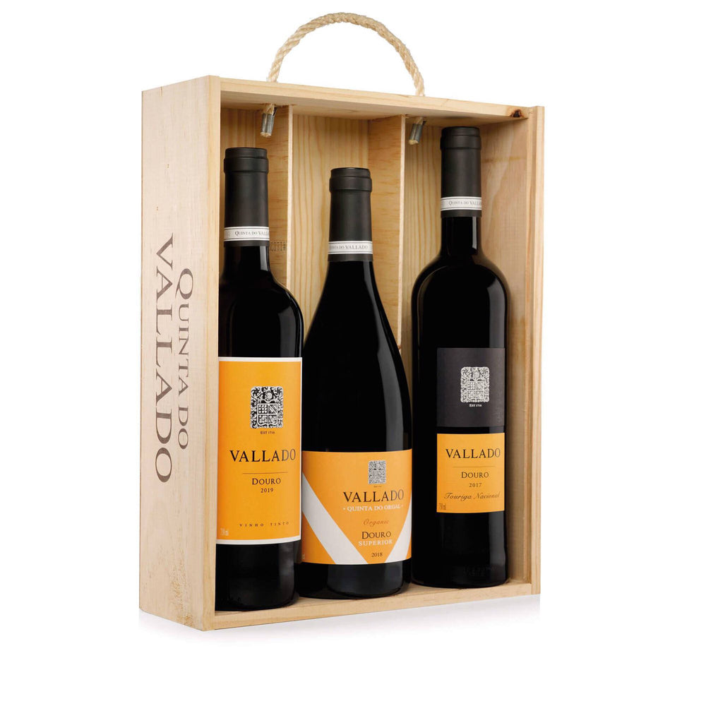 Conjunto Vinho Tinto Douro Vallado com caixa de madeira