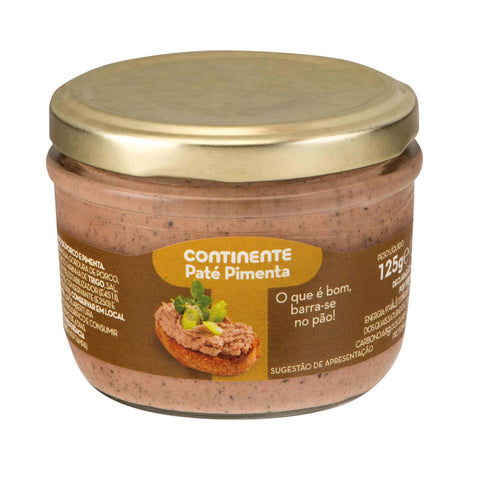 Paté de pimenta em frasco de vidro de 125 g com tampa dourada.