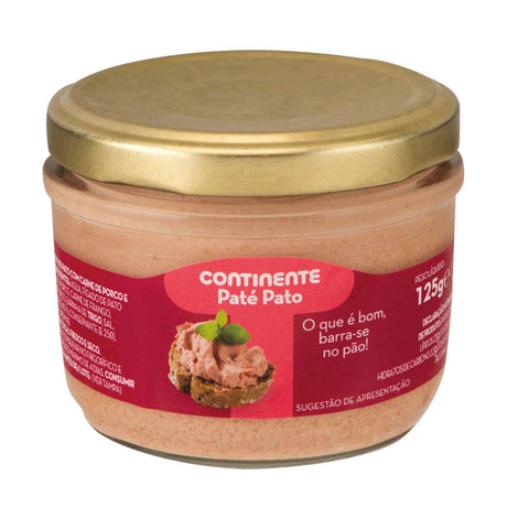 Paté de pato em frasco de vidro de 125 g com tampa dourada.
