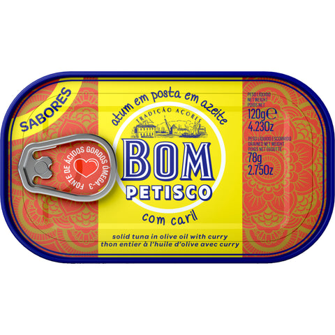 Atum Bom Petisco em posta, em azeite com caril, lata de 120 g.