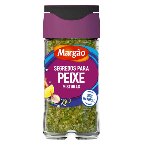 Tempero Margão Segredos para Peixe em frasco.