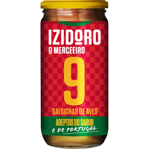 Frasco com 9 salsichas de aves Izidoro.