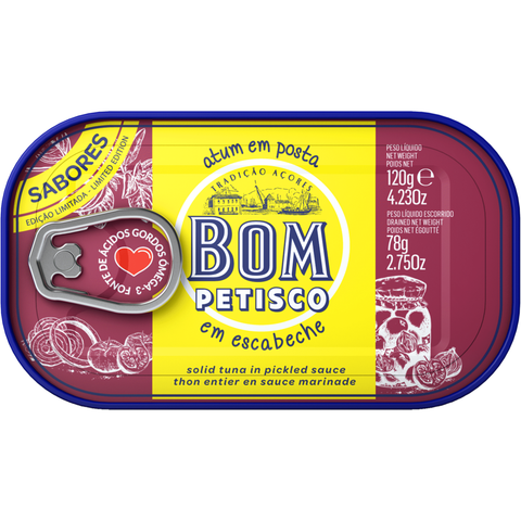 Atum Bom Petisco em posta em escabeche, edição limitada, lata de 120 g.