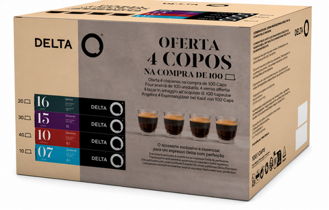 Pack 100 Cápsulas Delta Q + Oferta 4 Copos