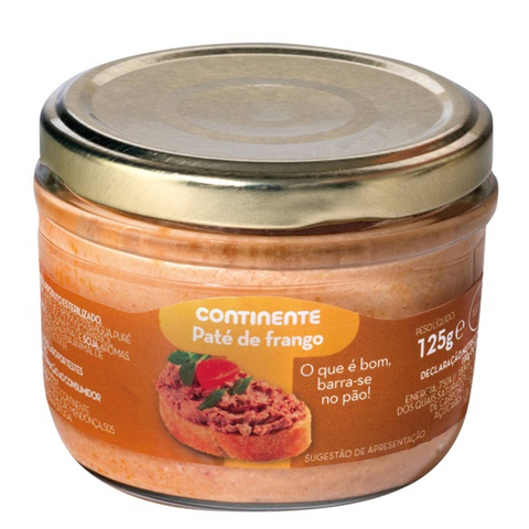 Paté de frango em frasco de vidro de 125 g com tampa dourada.